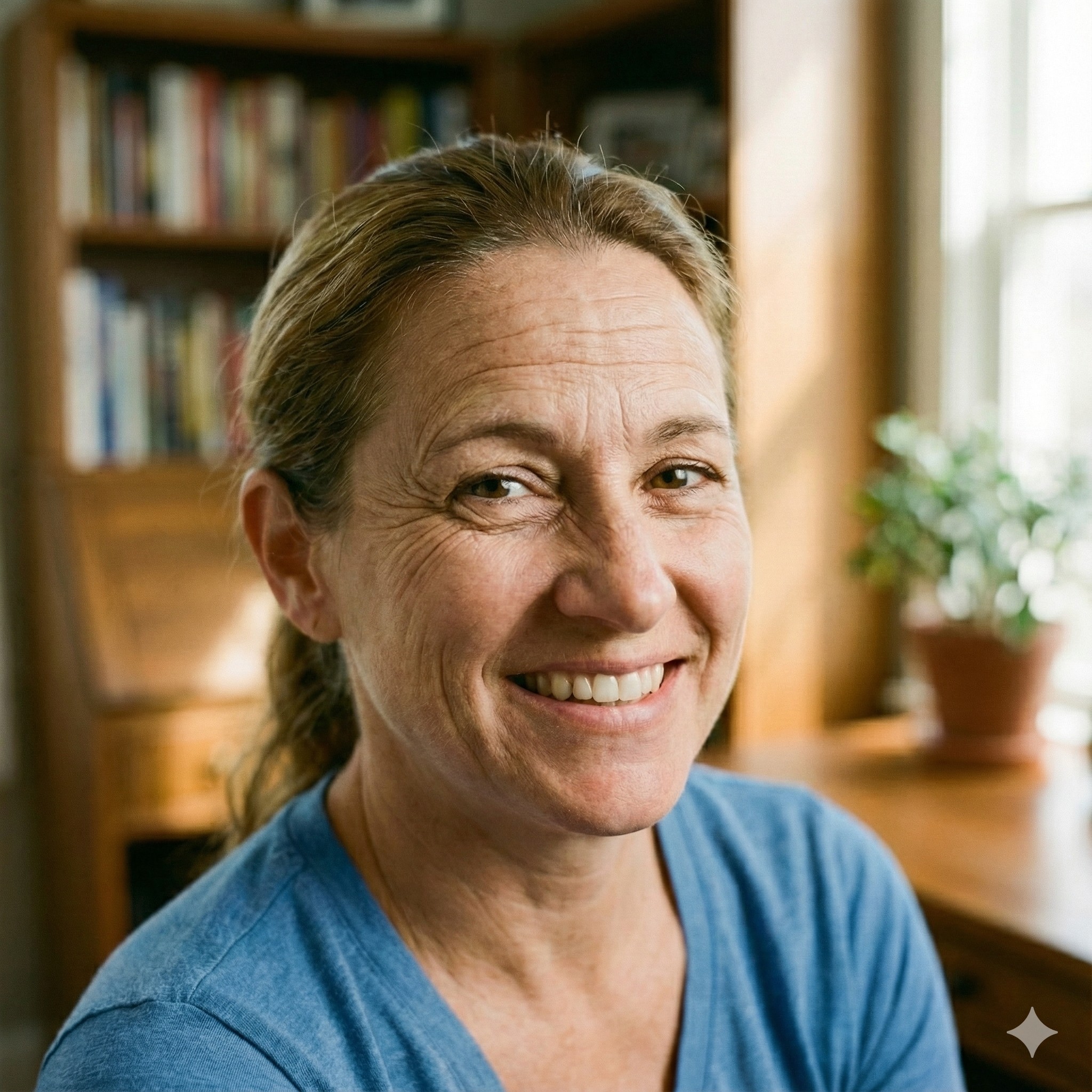 Woman with dynamic forehead wrinkles and crow's feet (lateral canthal lines) smiling, a candidate for Botox injections by Dr. Matthew Innes in Layton, Utah