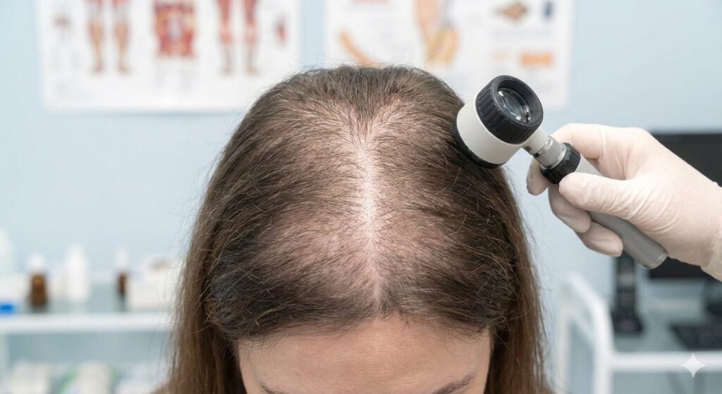 Dermatologist examining patient scalp for hair loss alopecia in layton Utah