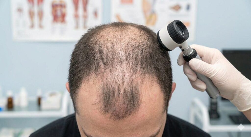 Dermatologist examining patient scalp for male pattern hair loss alopecia in Layton utah