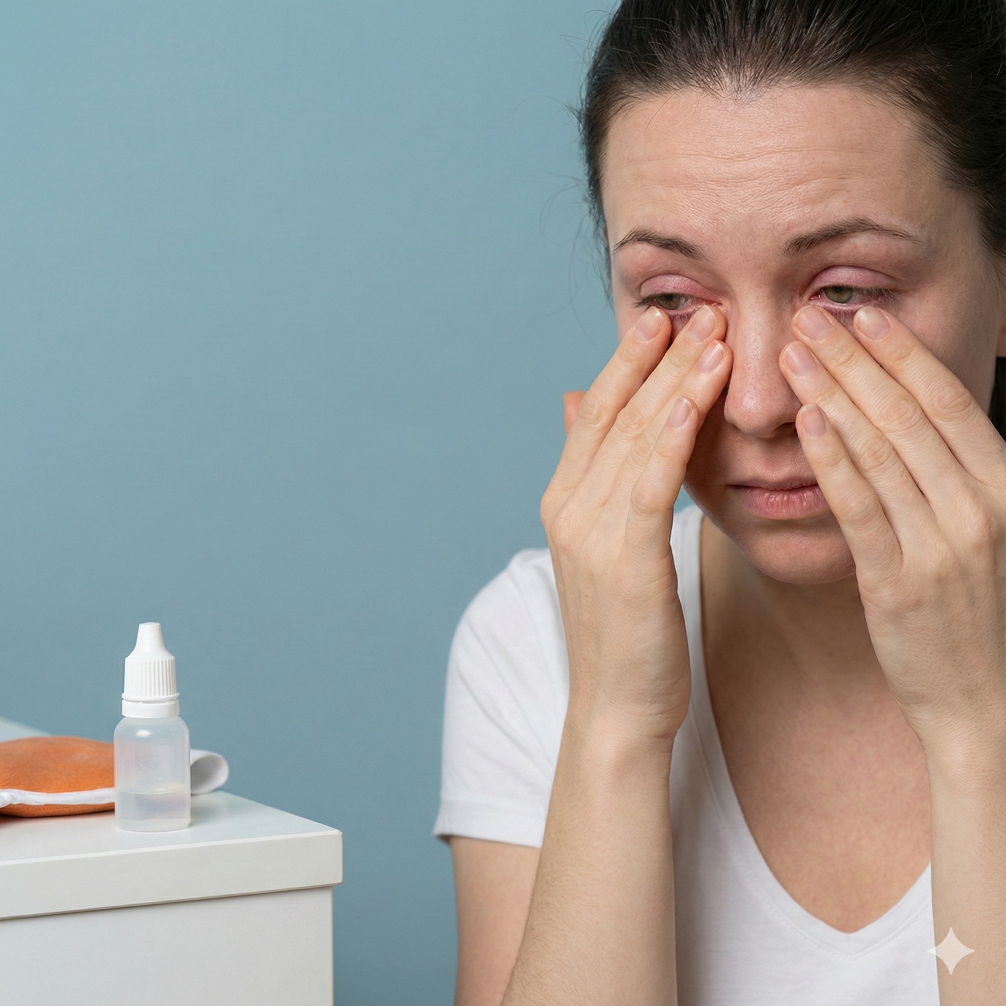 Woman rubbing red, irritated eyes with a bottle of eye drops and a warm compress mask sitting on a nearby table
