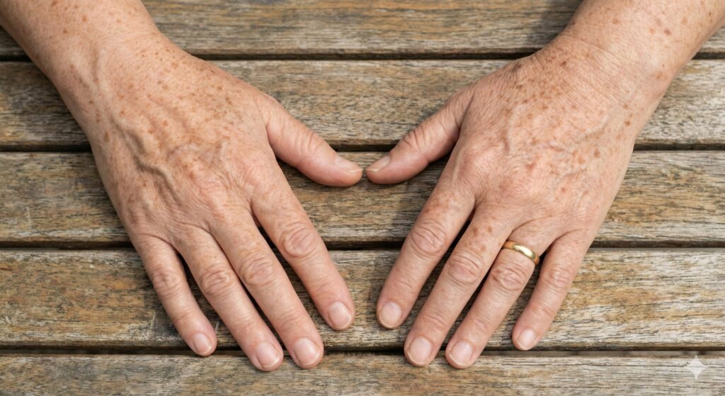 Solar lentigines and age spots and sun spots on the dorsal hands of a patient
