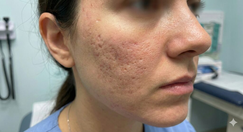 Acne scar treatment using CO2 laser, MultiFrax, chemical peels, and subcision in Layton, Utah.