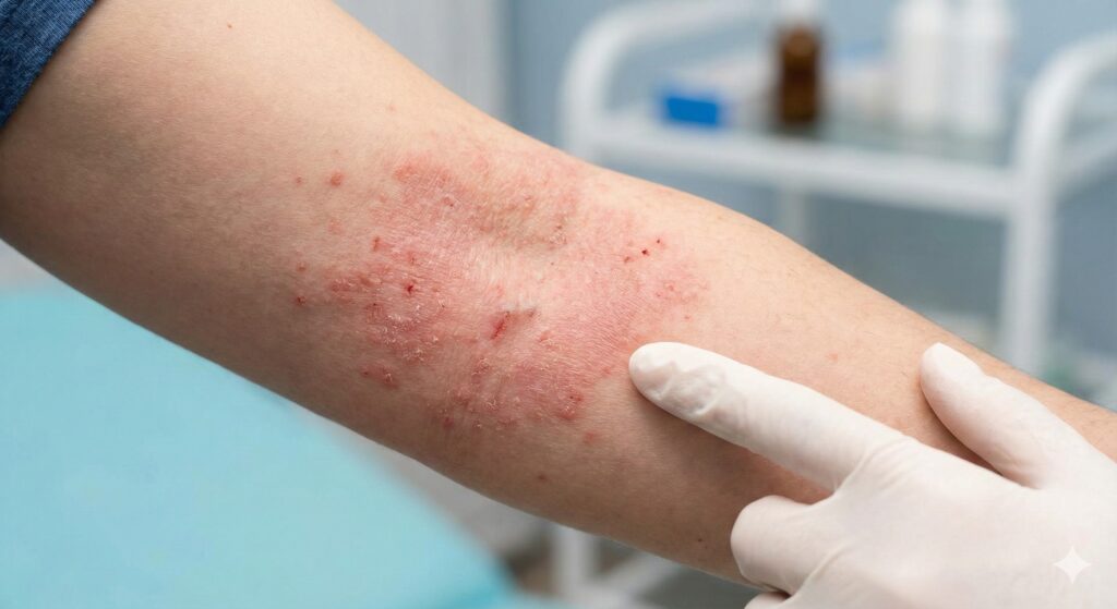 Atopic dermatitis eczema rash in the inner elbow fold of a patient