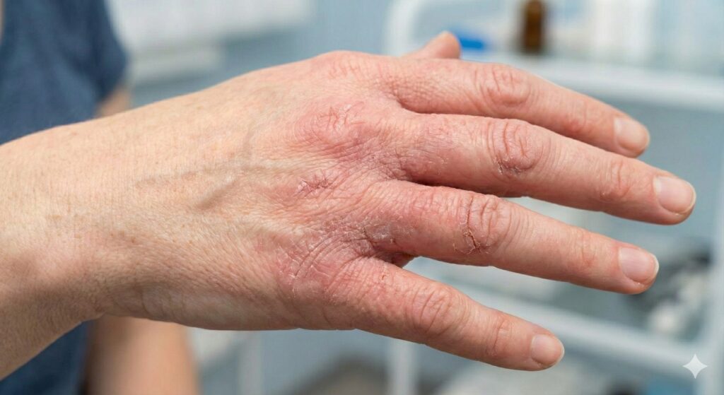 Severe hand eczema dermatitis with cracked fingers and fissures