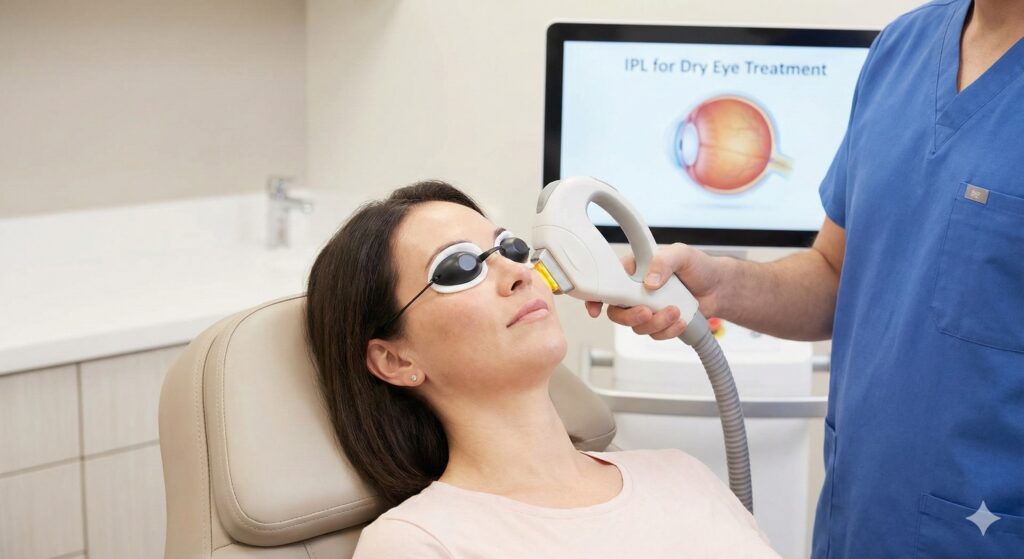 Close-up of Dr. Matthew Innes performing IPL dry eye treatment on a patient wearing protective metal corneal shields in Layton, Utah