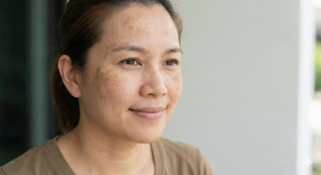 Melasma hyperpigmentation on female cheek treatment with hydroquinone bleaching cream and oral tranexamic acid in Layton Utah