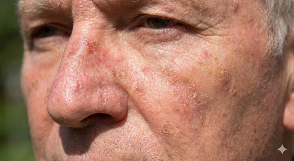 Close up of rough scaly actinic keratosis lesions on the face