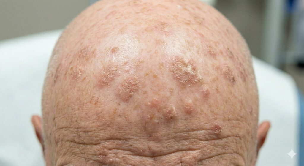 Sun damaged scalp with multiple actinic keratosis pre-cancers