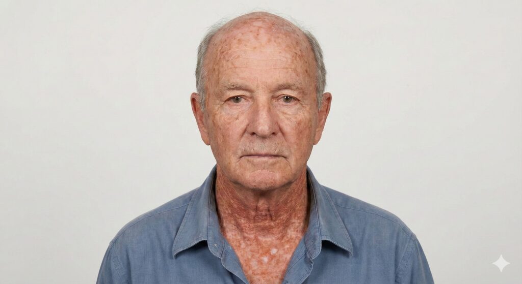 Close-up of sun damage on the cheek showing scattered brown spots (solar lentigines), precancers, and uneven skin texture.