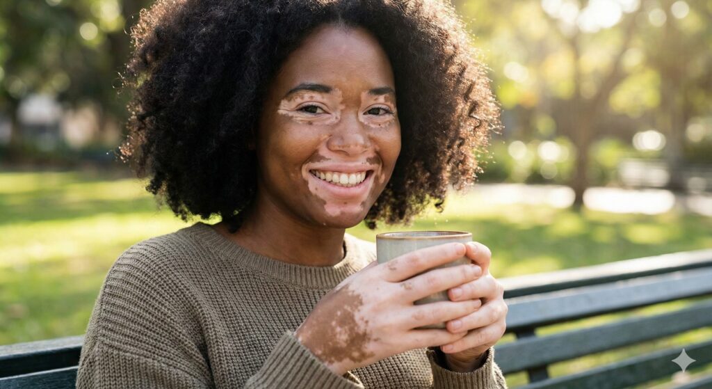 Close-up of a patient's face showing depigmented white patches encircling the eye and eyebrow, characteristic of periocular vitiligo.